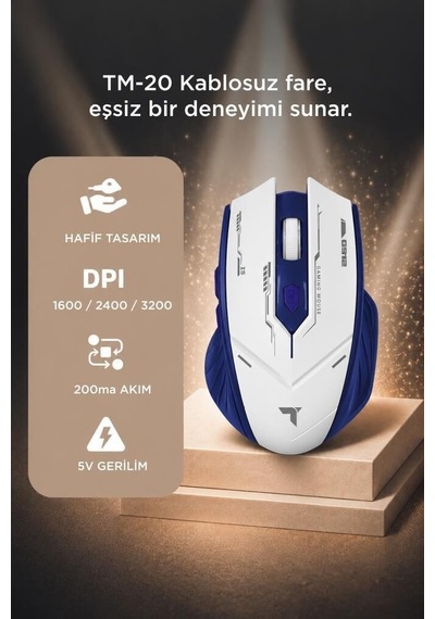 Bilgisayar Cihaz Masaüstü Mouse Çift Modlu Sessiz Kablosuz Oyuncu Fare Tm20 Beyaz Mavi