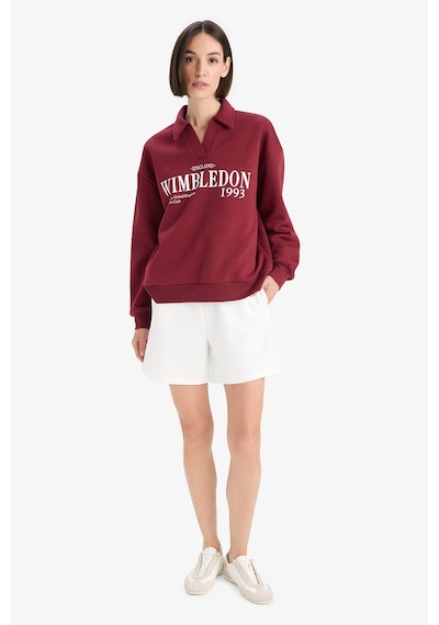 Defacto Relax Fit Polo Yaka Baskılı Kalın Sweatshirt F1063AX25AU Bordo