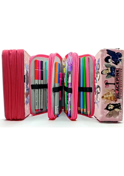 Kalem Kutusu Black Pink Blink Organizer Kalemkutu Vegan Deri Üç Bölmeli Kalemlik