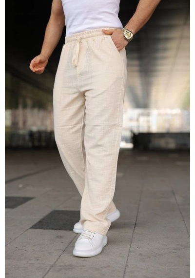 Defymoda Erkek İthal Yıkamalı Keten Pantolon Bej