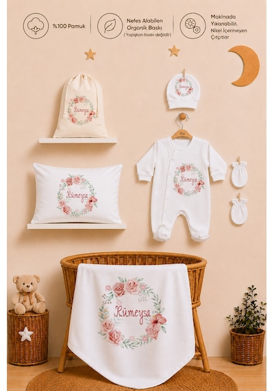 Pia Baby Kız Bebek İsimli %100 Pamuk Hastane Çıkışı 6 Parça Tulum Şapka Eldiven Hediye Seti 2091tybk0x Krem