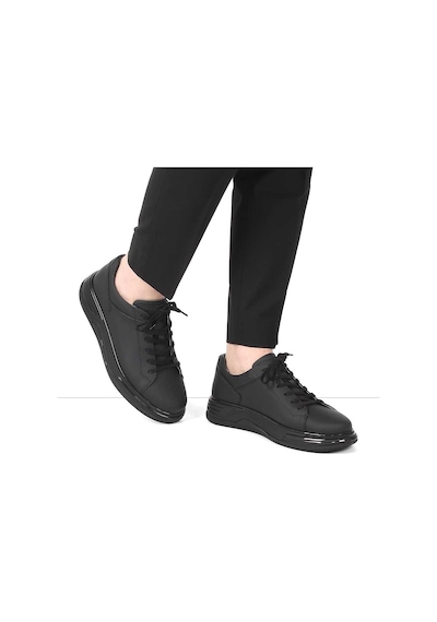 Erkek Siyah Bağcıklı Kalın Tabanlı Mat Deri Sneaker Mat Siyah