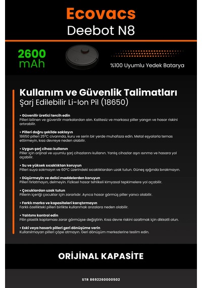 Ecovacs Deebot N8 Uyumlu 2600mah Robot Süpürge Bataryası - Kapasite