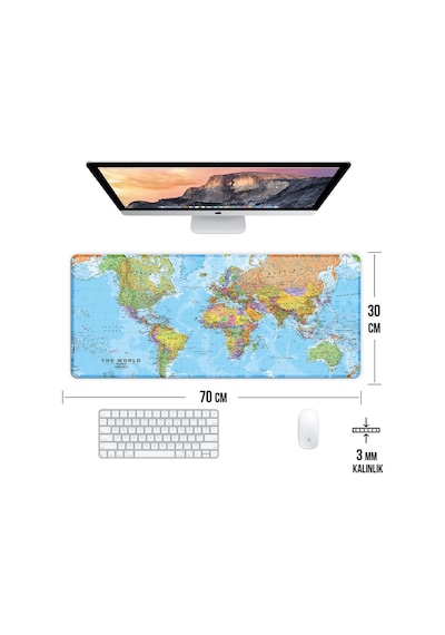 Dünya Haritası Oyun Gaming Klavye Mouse Pad Kaymaz Taban Kenarları Dikişli Su Geçirmez Masa Matı 70x30 Cm