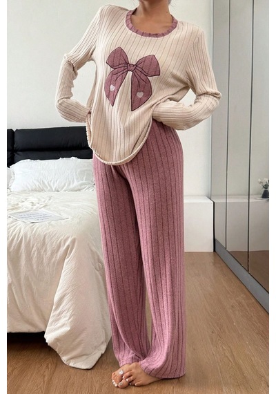 Bella Notte Pembe Nakışlı Pembe Uzun Kollu Pijama Takımı