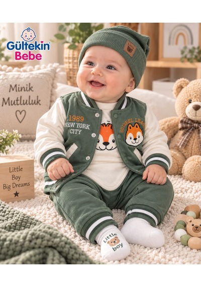 Mini Pakel Tilki Nakışlı Erkek Üçlü Takım 3-9 Aylık -dü1546333 - Yeşil