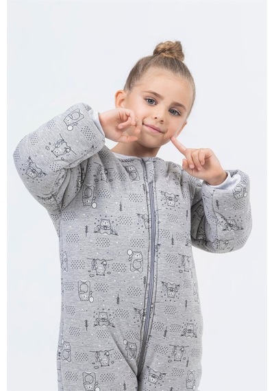 Cantoy Kız Erkek Çocuk Kalın Elyaf Dolgulu Premium Kalite 2.5 Tog Desenli Uyku Tulumu Gri Melanj