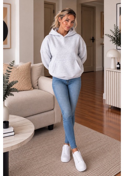 Lima Gri Kadın Kapüşonlu Oversize Sweatshirt Kanguru Cepli Düz Renk Uzun Kollu Sweat
