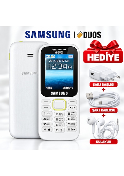 Duos Tuşlu Cep Telefonu Beyaz Çift Sim Kartlı Şarj Başlığı Şarj Kablosu Ve Kulaklık Hediye