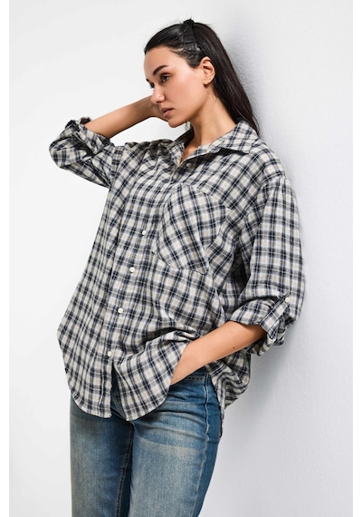 Itsbasic Kadın Siyah Beyaz S6 Ekose-27 Oversize Koton Gömlek