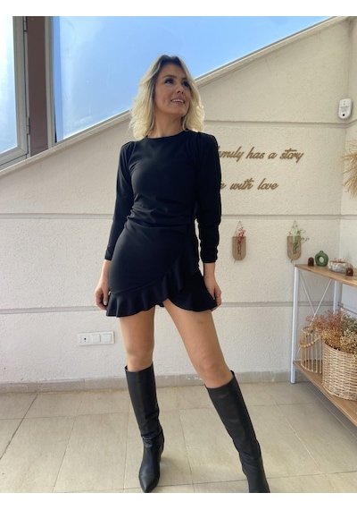 Mythrıva Kadın Uzun Kollu Bisiklet Yaka Önden Volanlı Ithal Krep Elbise Siyah