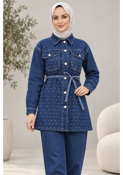 Hb Harma Time Butik Kadın Taş Detaylı Tunik Pantolon İkili Koyu Mavi Kot Takım