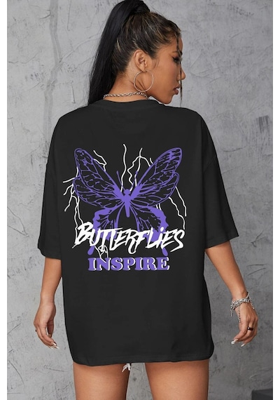 Uyguntarz Unisex Butterfly & Letter Graphic Tasarım T-shirt Siyah