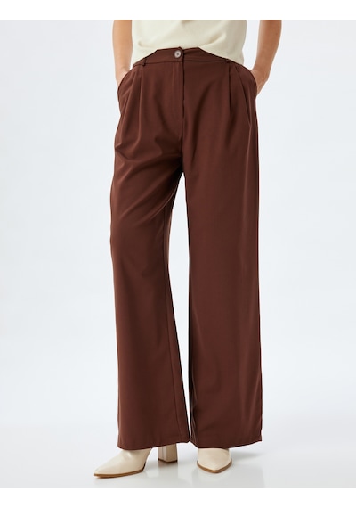 Koton Düz Bol Paça Baggy Kumaş Pantolon Pile Detaylı Cepli Kahverengi 5wak40184pw Kahve