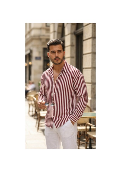 Butik İstanbul Erkek Dikey Çizgili Yarım Oversize Gömlek Bord