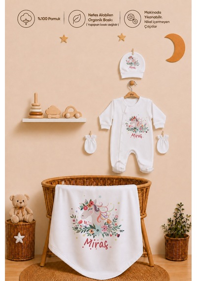 Pia Baby Kız Bebek İsimli %100 Pamuk Hastane Çıkışı 6 Parça Tulum Şapka Eldiven Hediye Seti 2076tybkyx Krem