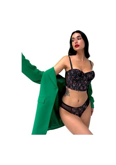 Onsekiz18shop Destekli Güllü Ten Rengi Çiçek Baskılı Büstiyer Takım Siyah