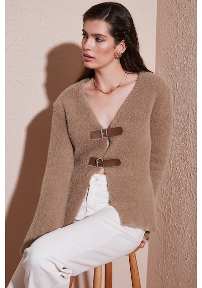 Lela Premium Regular Fit V Yaka Çift Kemerli Peluş Bayan Hırka 680Hi00112 Vizon