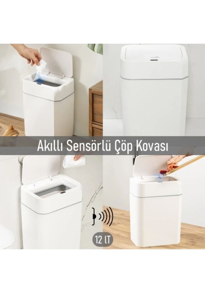 Otomatik Kapak Açan Sensörlü Lüks Çöp Kovası 12 Lt, 23,5 X 17,5 X 31,8 Cm Beyaz