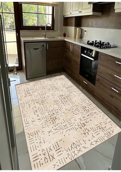 Krem Kahverengi Dijital Baskı Salon Halısı Kaymaz Tabanlı Yıkanabilir Halı Yolluk13 Krem