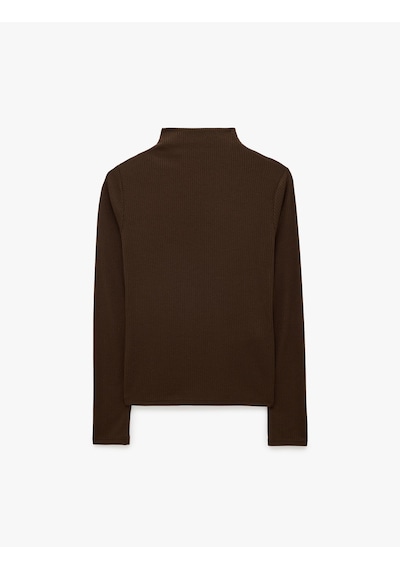 Koton Kaşkorse Kumaş Slim Fit Uzun Kollu Dik Yaka Fitilli Tişört Kahverengi 7wak50008ek Kahve