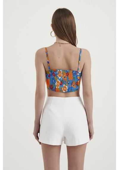 Hiccup Çiçek Desenli Sweetheart Yaka Kolsuz Crop Top Mavi