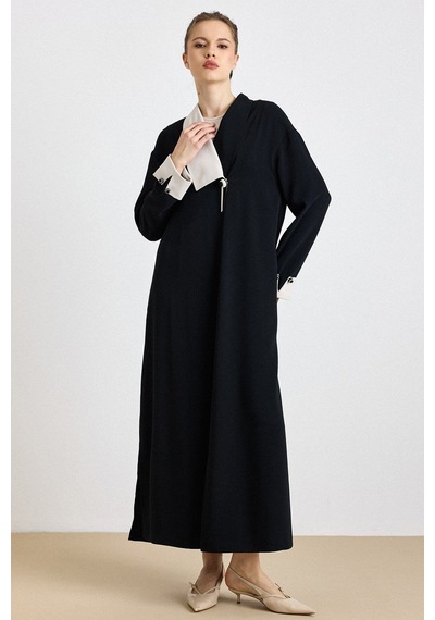Olcay Garni Ve Aksesuar Detaylı Abaya Takım Siyah 9424-tk