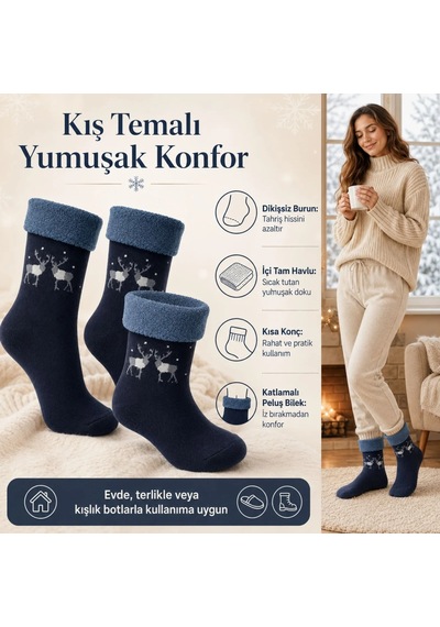Genel 6 Lı Kadın Kışlık Havlu Çorap Sıcak Tutan Karışık Desenli Yumuşak Çoklu Lacivert / 36-40 / 6 Adet