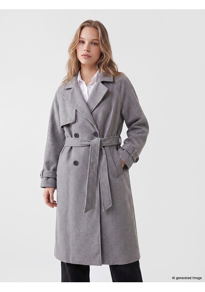 Lcw Vision Gri Kruvaze Yaka Oversize Kadın Kaşe Kaban