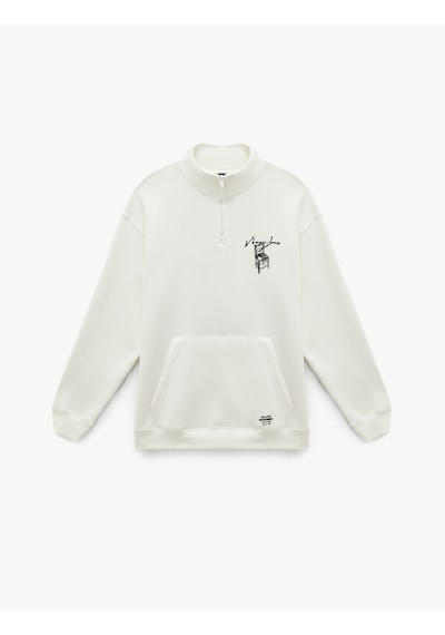 Koton Cepli Şardonlu Yarım Fermuarlı Lisanslı Van Gogh Baskılı Oversize Sweatshirt Beyaz 6wam70132mk Beyaz