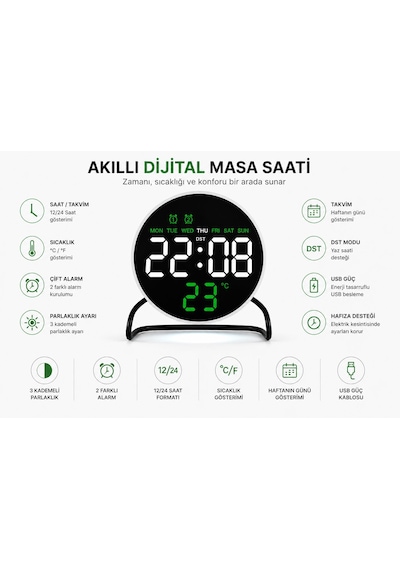 Valkyrie Led Dijital Masa Saati Alarm Sıcaklık Takvim Göstergeli Usb Gece Işıklı Masa Saati Çift Alarm Beyaz