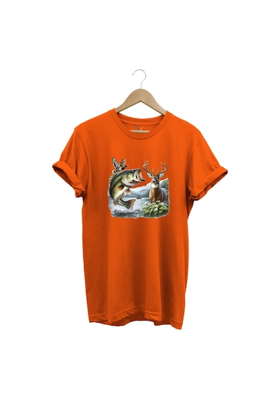 Balıkçılık Ve Avcılık Temalı Geyik, Ördek Ve Turna Balığı Baskılı %100 Pamuk Regular Fit T-shirt Turuncu