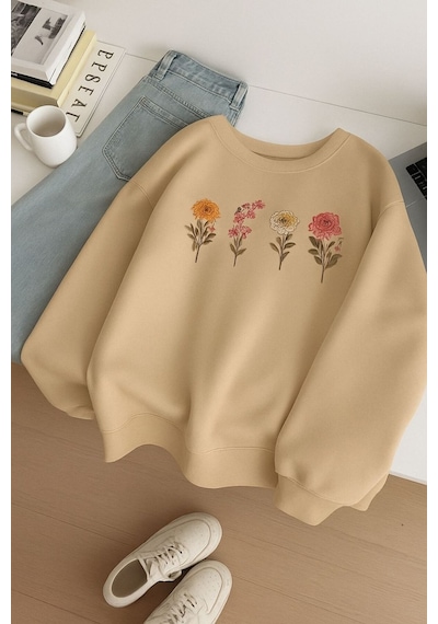 Benroma 3 İplik Penye Çiçek Baskılı Unisex Sweatshırt Bej