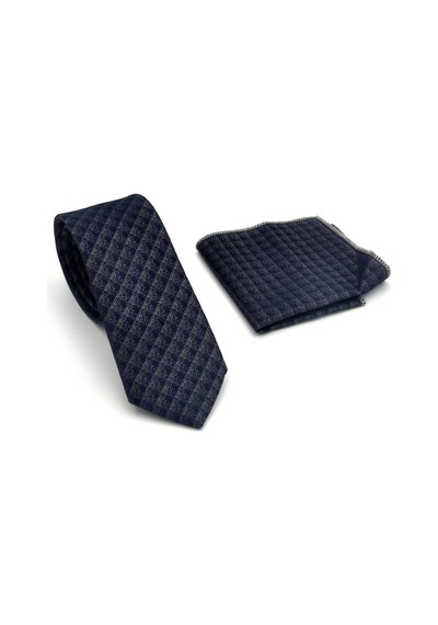 Gaffy Gri Küp Desenli Lacivert Dokuma Kumaş Mendilli Slim Fit Kravat // Sdk-2605-2 Lacivert