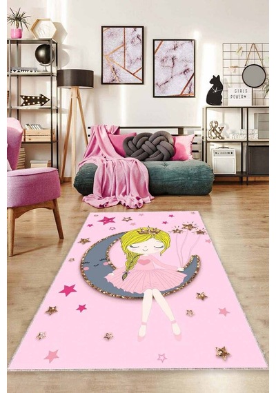Pembe Kaymaz Tabanlı Aya Oturan Kız Çocuk Halısı Ck050n11