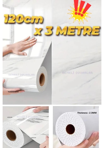 120cm X 3 Metre 1 Adet Parlak Beyaz Mermer Desenli Yapışkanlı Duvar Paneli Kağıdı Banyo Wc Döşeme Beyaz - Gri