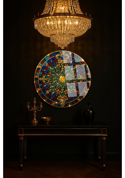 Vitray Kral Tacı Ve Taşlar Yuvarlak Cam Tablo Modern Sanat Tablosu Parlak Ve Net Görüntü Kafe Ve Ofis İçin Anlamlı Hediye Seçeneği