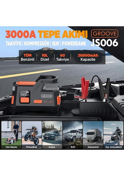 Groove Js006 26800mah 3000a Akü Takviye Cihazı + Lastik Şişirme Kompresörlü Taşınabilir Jump Starter Kompresör+powerbank+led Lamba+lcd Ekran