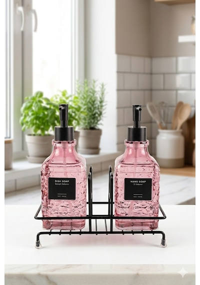 Modern Çizgili - Kabartmalı Cam İkili Sıvı Sabunluk & Deterjanlık Seti - 500ml Standlı Mutfak Ve Banyo Organizeri Pembe