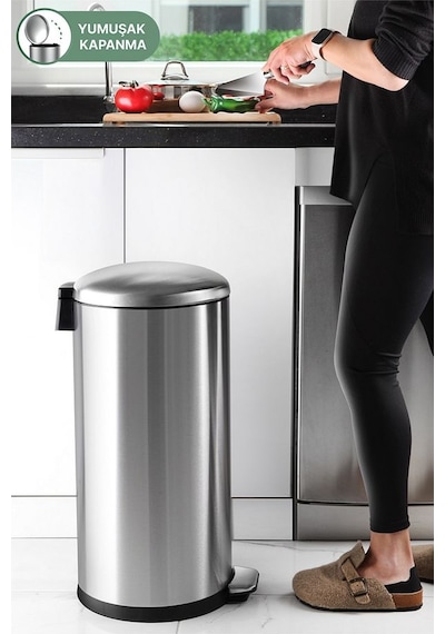 Primanova Çelik Çöp Kovası Bombe Kapak 40 Lt Inox M-e84-30-06 Gri