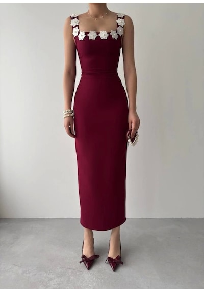 Defymoda Mıng Çiçek Detaylı Elbise Bordo