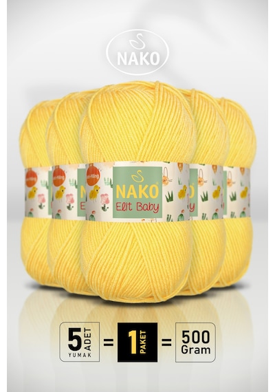 Elit Baby - 2857 Sarı - 5'li Paket - 100gr/250m - Bebek İpi - Anti Pilling Tüylenmez İp