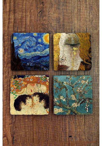 Doğal Taş Bardak Altlığı 4'lü Set 10x10x1 Cm Gustav Klimt Ve Van Gogh Eserleri- Stone Coasters Çok Renkli