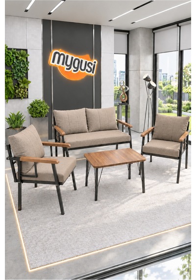Mygusi Erva Serisi Balkon, Bahçe, Cafe - Metal Kanepe Koltuk Takımı - 211 40 70 Sehpalı - Cappucino Cappuccino