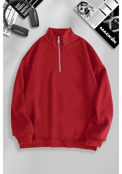 Macklin Unisex Kadın Erkek Baskısız Yarım Fermuarlı Dik Yaka Basic Sweatshirt Kırmızı Mck0604 Kırmızı