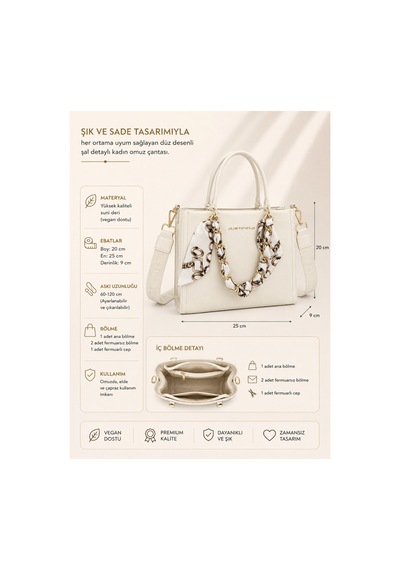 Just Polo Orijinal Kadın Omuz Ve Çapraz Askılı Zincir Detaylı Günlük Veya Özel Kullanıma Uygun Lüks Kol Çantası Shopper 25x20x9 Cm Krem