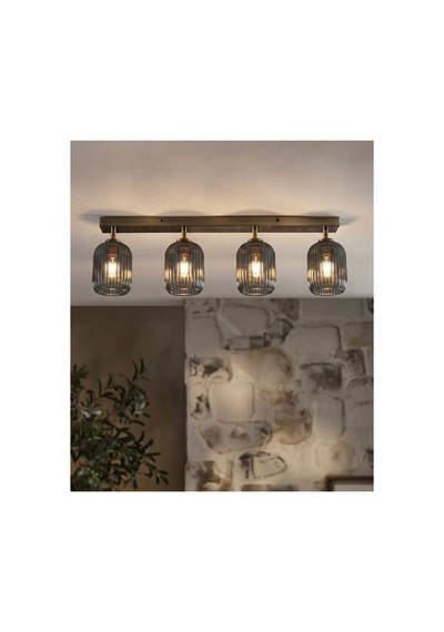 Hareketli Başlık Modern 4 Lü Füme Camlı Tavan Avizesi Mat Altın Gold Metal Gövde Siyah