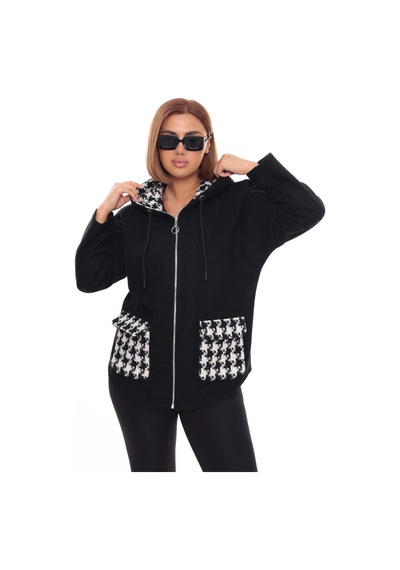 Lady Majestic Büyük Beden Kapüşonlu Fermuarlı Sweatshirt Hırka 44-58 Beden Siyah