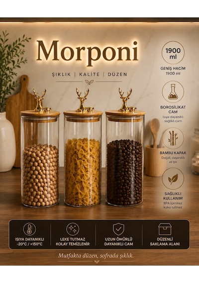 Qerhome 3'lü Borosilikat Cam Gold Geyik Figürlü Bambu Kapaklı Kavanoz 1900 Ml Şeffaf Alk