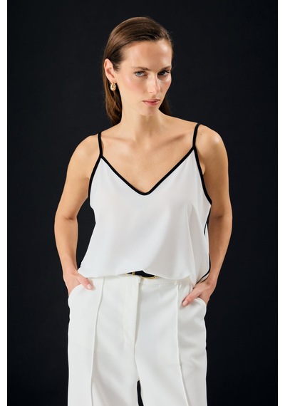 Sateen Kontrast Askılı Bluz - Ekru-137318